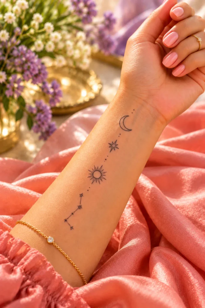 Small celestial tattoo ideas featuring a minimalist crescent moon, tiny stars, a delicate sun, and constellation tattoos on a woman's forearm against a vibrant peach and lavender editorial background.