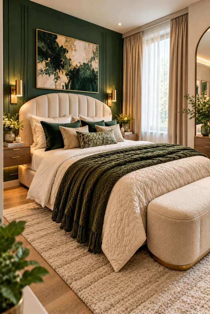 Small cozy bedroom ideas with bold emerald accents, a space-saving upholstered bed, wall-mounted bedside lighting, floating cabinets, full-length curtains, and elegant modern luxury decor.