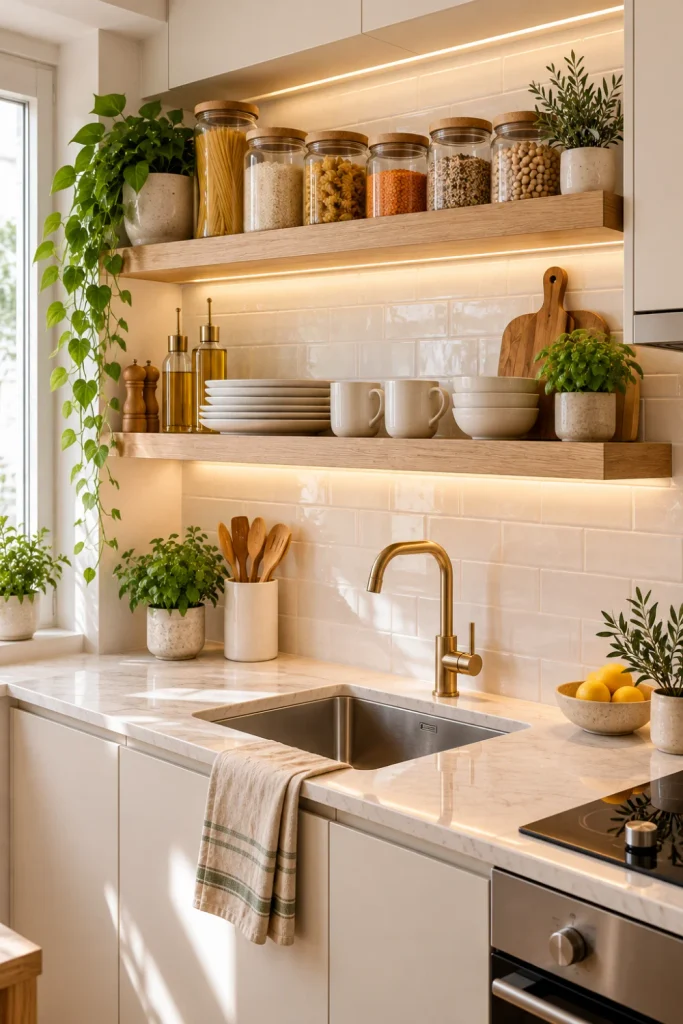Small kitchen floating shelf ideas featuring slim oak wall shelves, organized white dishes, glass storage jars, light cabinets, and space-saving modern decor.
