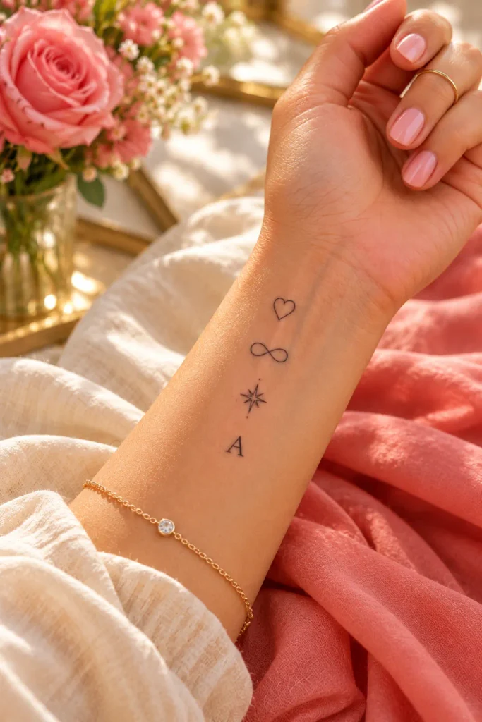 Small meaningful tattoo ideas featuring a tiny heart, infinity symbol, north star, and delicate initials on a woman's inner wrist and forearm in an elegant minimalist photography style.