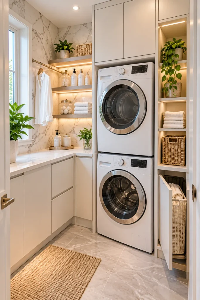 Small modern laundry room with stacked front-loading washer and dryer, floor-to-ceiling storage cabinets, narrow shelves, light marble-look tiles, and organized laundry essentials.