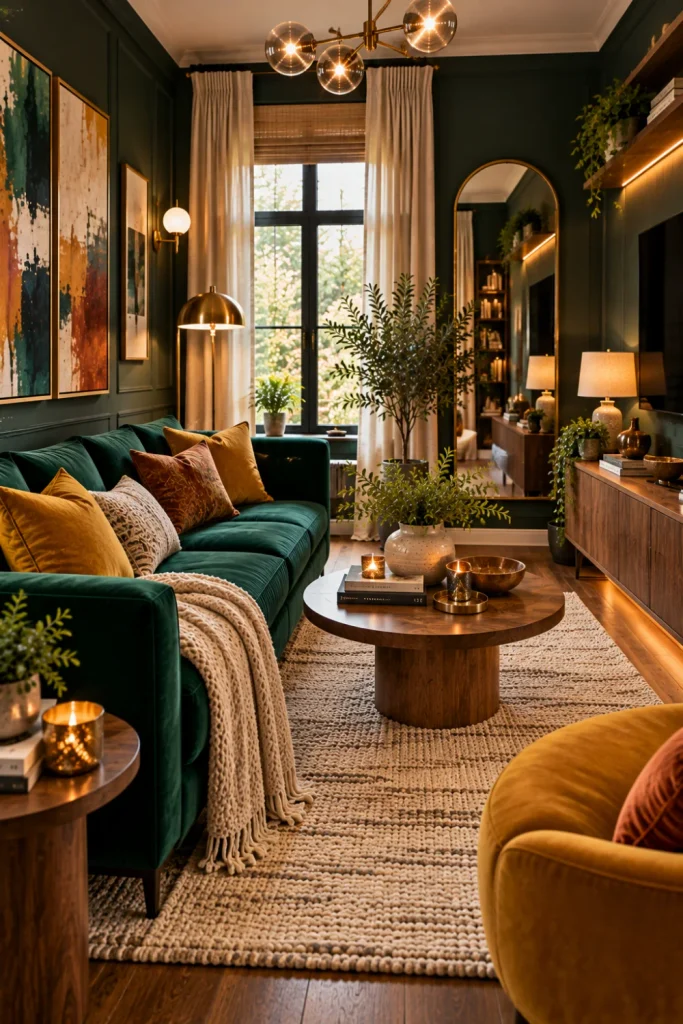 Small moody living room with deep forest-green walls, a compact jewel-toned sofa, a round space-saving coffee table, a large mirror, warm wood furniture, layered neutral rugs, and soft lighting.