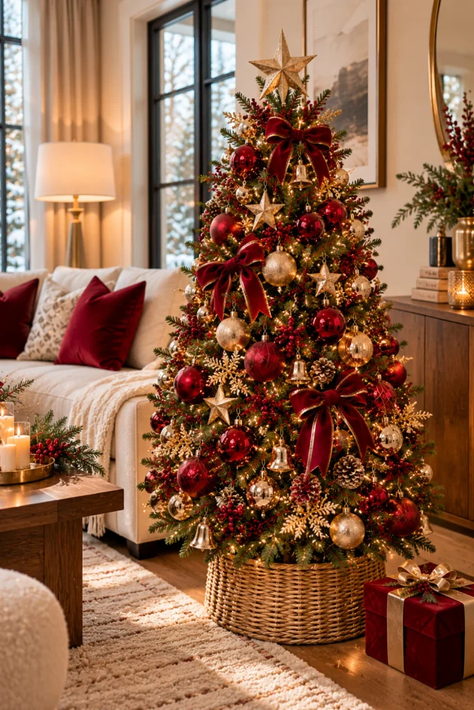 Small red and gold Christmas tree ideas for a luxurious look featuring miniature ruby-red baubles, champagne-gold ornaments, warm-white lights, a woven tree base, and space-saving decorations in a modern compact living room.