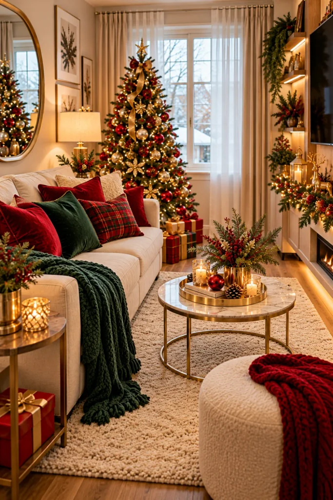 Small Christmas living room with a slim decorated tree, red cushions, a green throw, gold ornaments, a neutral rug, and warm festive lighting.