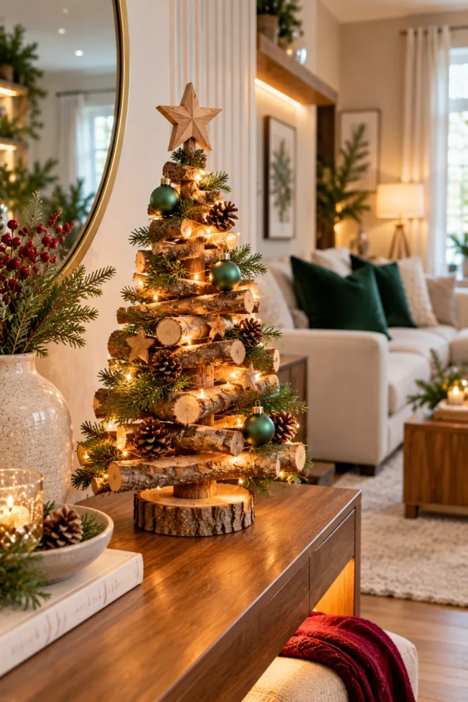 Small rustic log Christmas tree for apartment decorating, styled on a modern console with warm fairy lights, natural pinecones, and elegant farmhouse accessories.