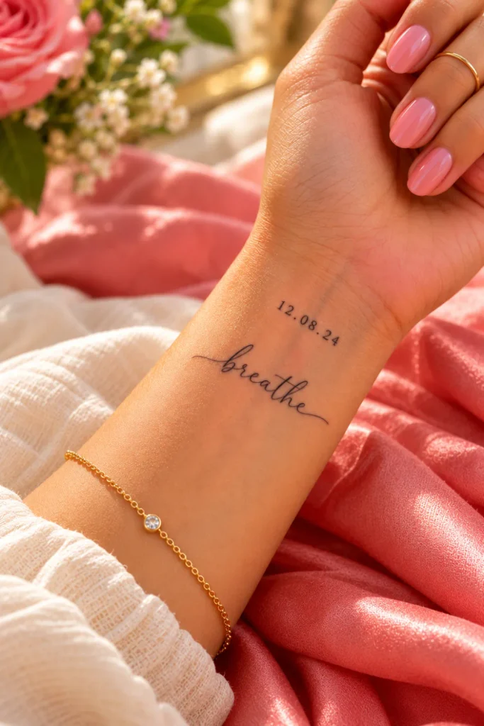 Small script tattoo ideas featuring the word "breathe" in delicate black lettering and a tiny meaningful date on a woman's inner wrist, styled with elegant gold jewelry and soft coral-pink accents.