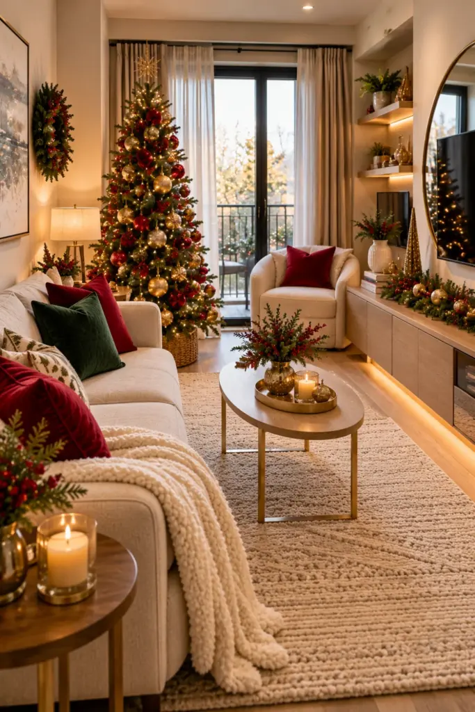 Small modern Christmas living room with a slim green tree, red and green sofa cushions, gold ornaments, a light neutral rug, a wall-mounted television, and space-saving festive decorations.