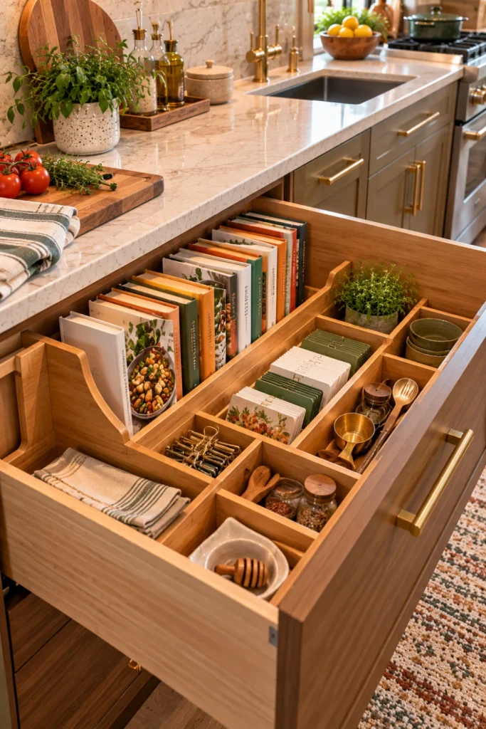 Organized modern kitchen drawer with a bamboo recipe book compartment, neatly arranged cookbooks and recipe cards, warm wood cabinetry, quartz surfaces, natural décor, and soft contemporary lighting.