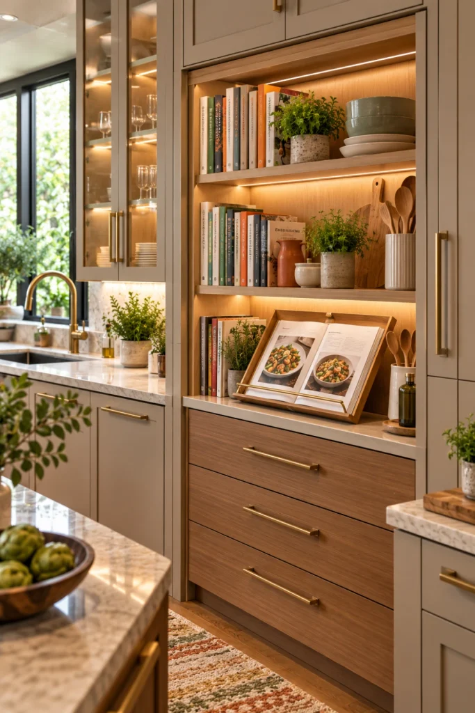 Elegant contemporary kitchen featuring a built-in cookbook nook with adjustable shelves, neatly arranged recipe books, warm oak cabinetry, integrated lighting, modern quartz surfaces, and sophisticated décor.