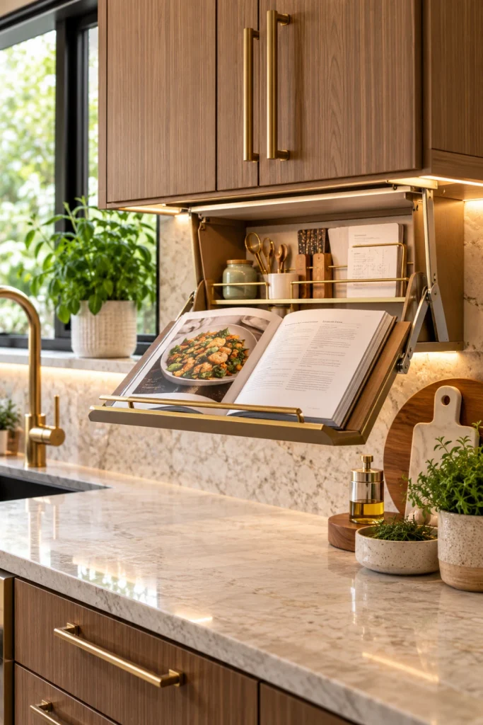Modern kitchen with a pull-down under-cabinet cookbook holder displaying an open recipe book, concealed storage compartments, warm wood cabinetry, elegant brass hardware, realistic lighting, and vibrant contemporary styling.