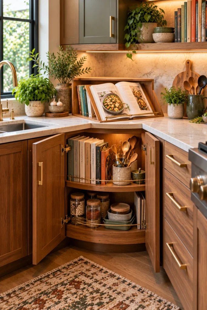 Small modern kitchen corner cabinet with an integrated cookbook holder, open recipe book, space-saving storage, warm wood cabinetry, quartz countertop, contemporary lighting, and elegant colorful décor.