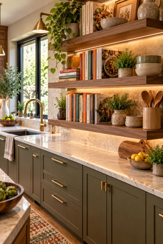 Contemporary kitchen with floating shelves displaying organized cookbooks, warm wood cabinetry, modern stone backsplash, subtle cabinet lighting, elegant décor, and vibrant sophisticated styling.