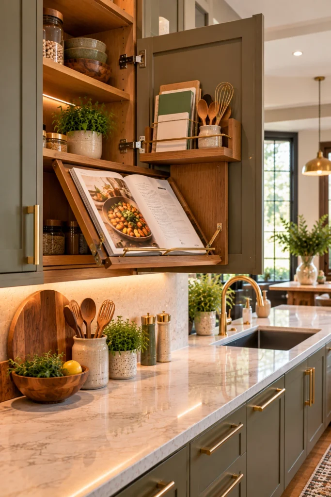 Modern kitchen cabinet door with a fold-away cookbook holder displaying an open recipe book, clean clutter-free quartz countertop, warm wood cabinetry, brass hardware, subtle LED lighting, and elegant contemporary décor.
