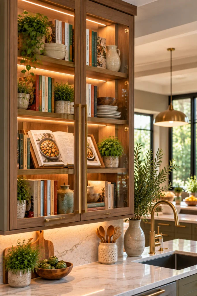 Elegant modern glass-door kitchen cabinet displaying coordinated cookbooks, warm interior lighting, natural wood shelving, quartz countertops, contemporary brass hardware, ceramic décor, and refined kitchen styling.