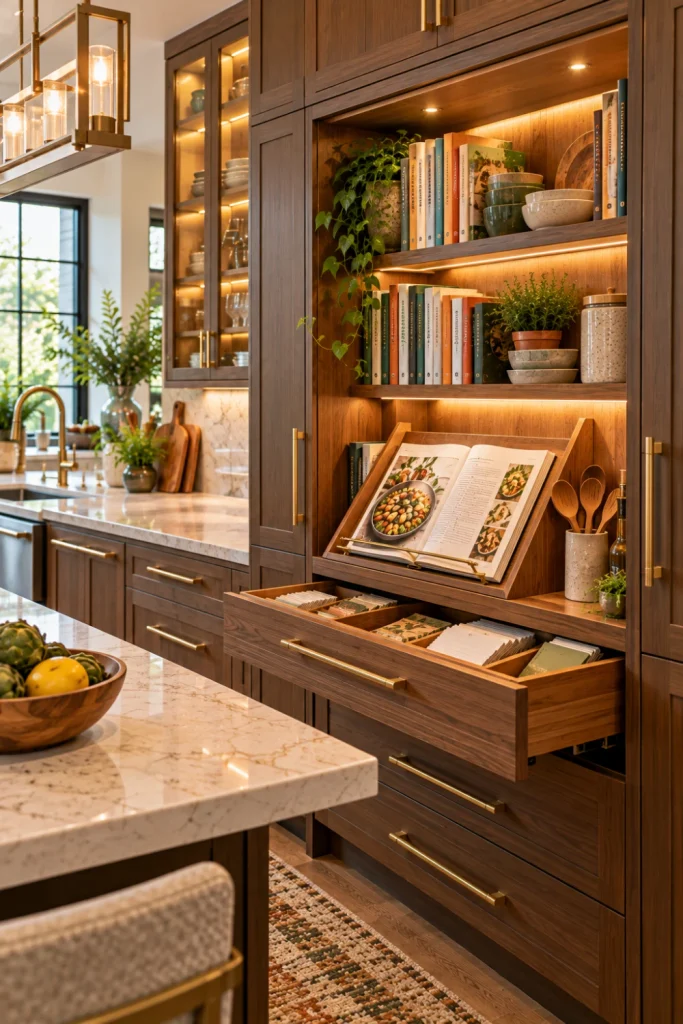Luxury custom kitchen cabinetry with a dedicated built-in cookbook station, open recipe book, integrated lighting, walnut cabinets, stone surfaces, modern brass hardware, and sophisticated contemporary décor.