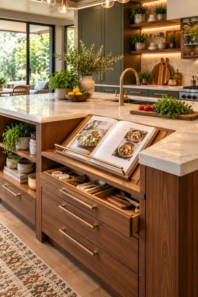 Luxury modern kitchen island with integrated cookbook display, open recipe book on an angled holder, streamlined cabinetry, quartz countertop, contemporary pendant lighting, and vibrant refined interior styling.