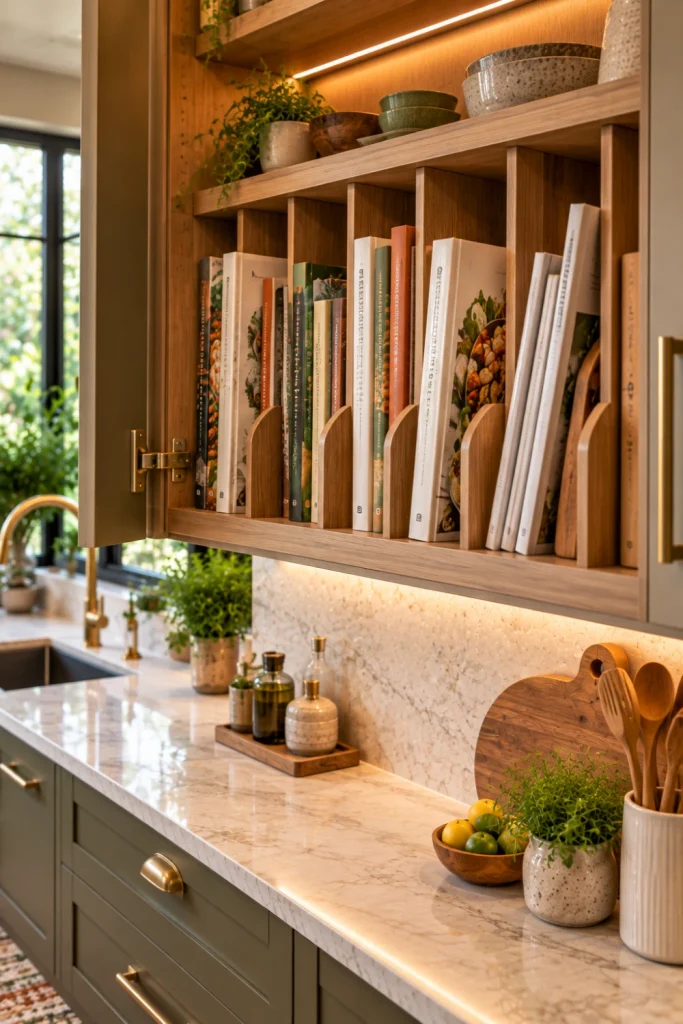 Organized modern kitchen cabinet with vertical dividers storing cookbooks upright, adjustable compartments, warm wood interior, soft cabinet lighting, modern hardware, and clean contemporary styling.