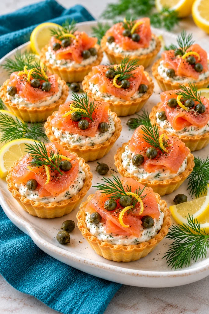 Smoked salmon, dill, and caper tartlets with creamy lemon cream cheese in crisp golden pastry shells, arranged on a platter for elegant cocktail parties.
