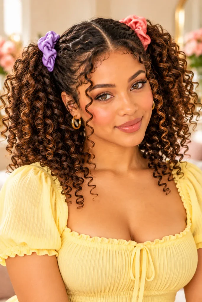 Soft curly pigtails with a clean center part, voluminous natural ringlets, and pastel satin scrunchies for a cute everyday curly hairstyle.
