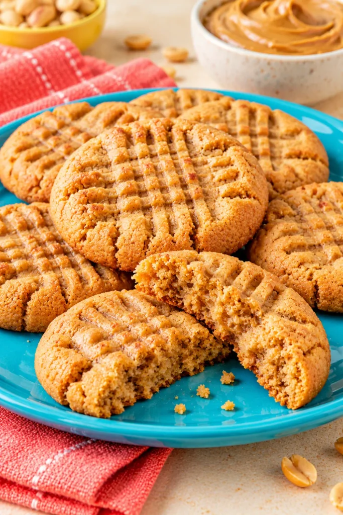 Soft peanut butter cookies with golden edges, tender centers, and classic fork-pressed crisscross patterns from an easy homemade cookie recipe.