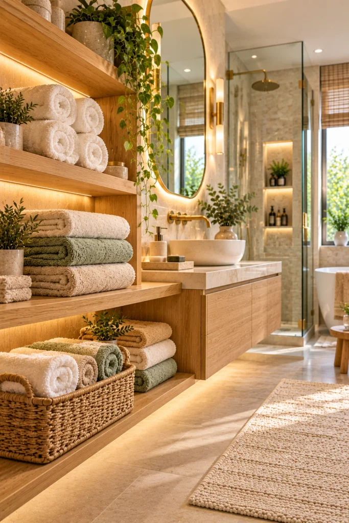 Spa-inspired bathroom towel storage with ivory cotton towels, natural oak shelving, woven baskets, pale stone walls, soft greenery, and warm ambient lighting in a luxury modern bathroom.