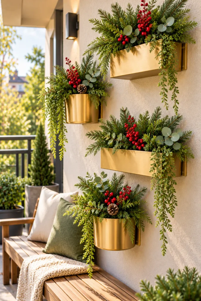 Space-saving gold wall planters arranged vertically on a compact modern balcony wall with lush evergreen greenery, a slim bench, and warm outdoor accents for stylish small-space Christmas decorating.