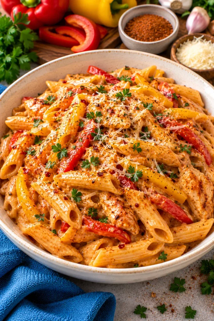 Spicy Cajun cream sauce with penne pasta, garlic, Parmesan, smoked paprika, colorful bell peppers, and fresh parsley, an easy creamy Cajun pasta recipe for a flavorful weeknight dinner.