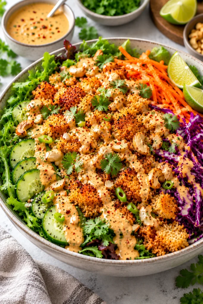 Mouthwatering spicy cashew crispy rice salad with crunchy golden rice, cucumber, carrots, cabbage, leafy greens, toasted nuts, lime, garlic, chili, and glossy creamy cashew dressing.