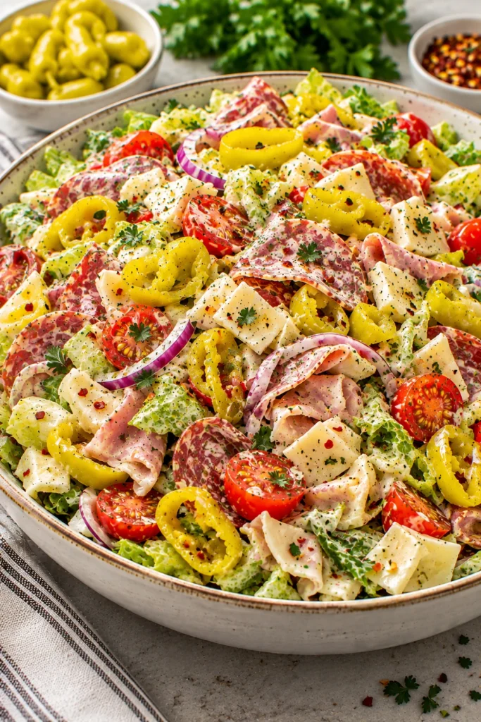 Spicy Italian Grinder Chopped Salad With Pepperoncini featuring crisp lettuce, spicy salami, provolone, cherry tomatoes, red onion, banana peppers, pepperoncini, and creamy Italian dressing.