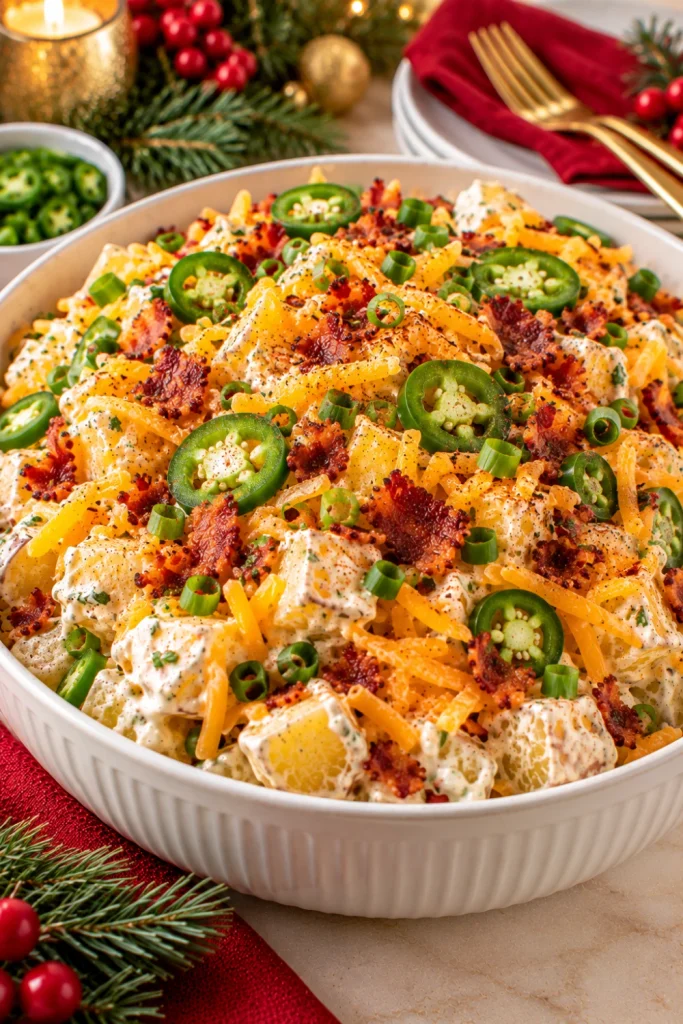 Spicy loaded baked potato salad with fresh jalapeños, crispy bacon, shredded cheddar, creamy sour cream dressing, and green onions for a bold potluck or holiday side dish.