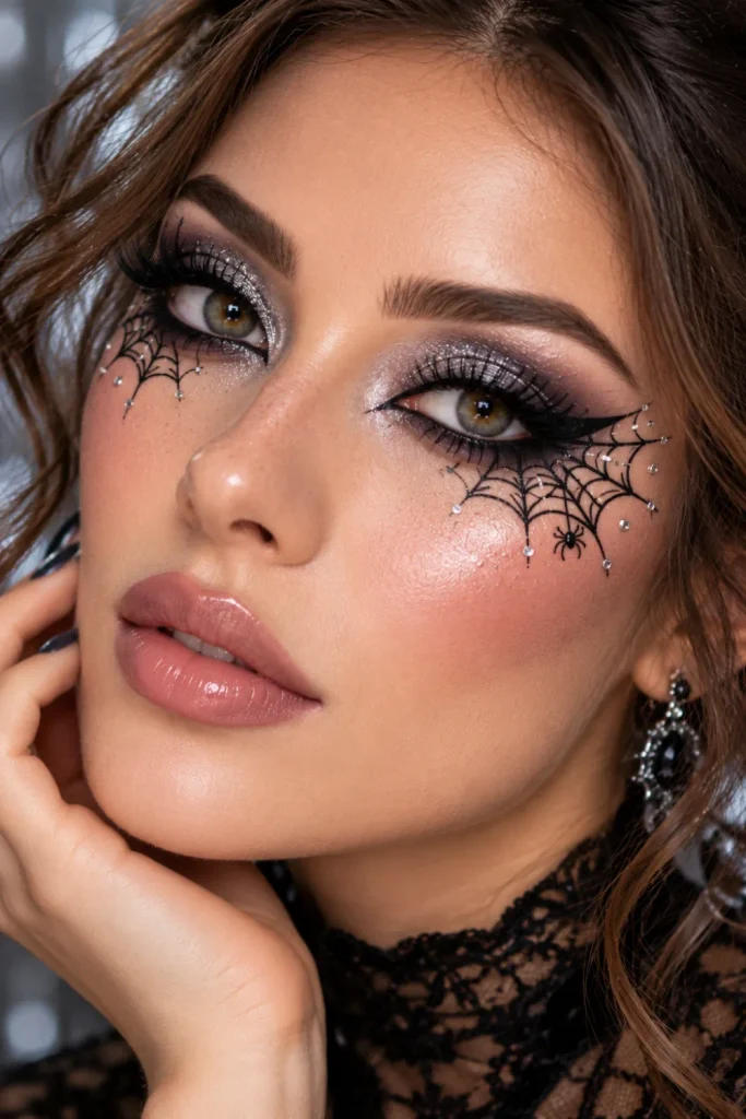 Spider web Halloween eye makeup featuring fine black web-like eyeliner, extended graphic wings, silver shimmer, and tiny rhinestone accents around the eyes.