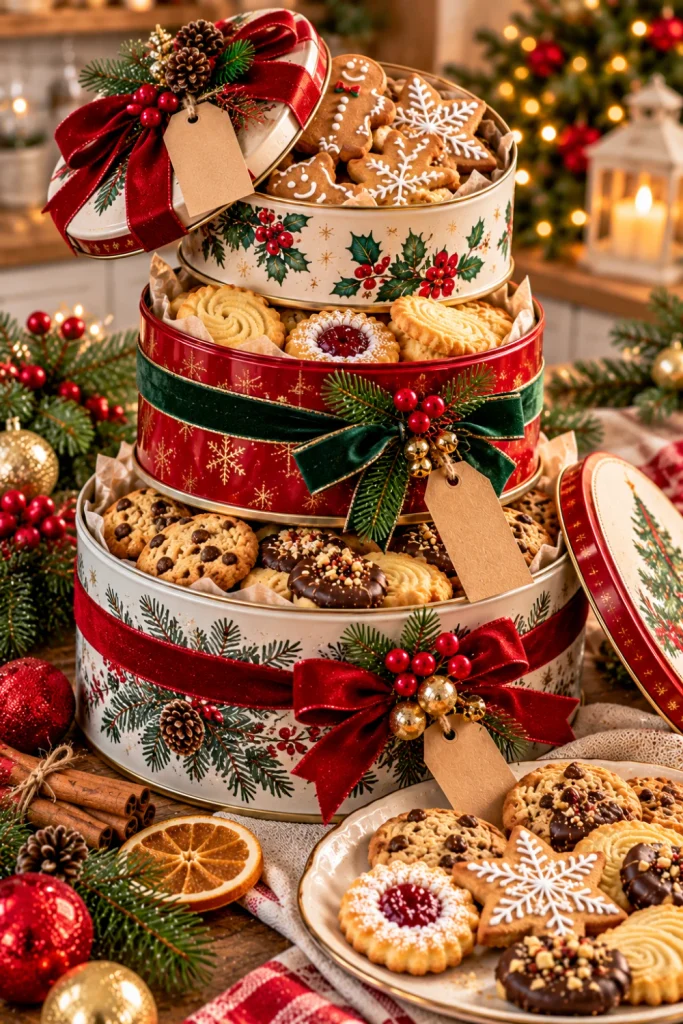 Stacked Christmas cookie tin gift tower made from three reusable festive tins filled with homemade gingerbread stars, buttery shortbread, and chocolate cookies, finished with red and green ribbon.