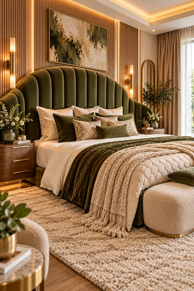 Statement headboard bedroom ideas featuring an oversized curved upholstered headboard, luxury neutral bedding, modern bedside cabinets, sculptural wall lighting, and elegant contemporary bedroom decor.