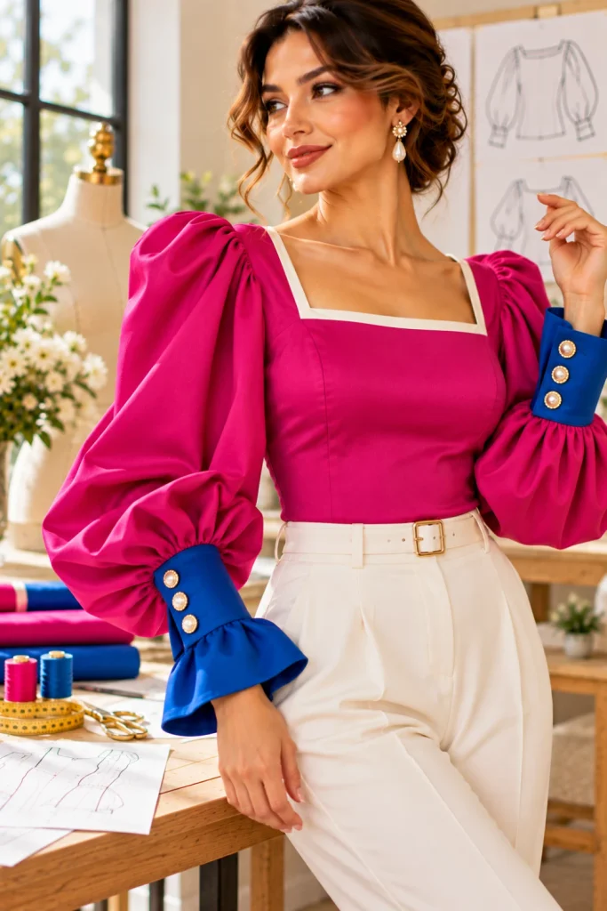 Vibrant fuchsia statement-sleeve blouse with sculptural gathers, dramatic cobalt cuffs, streamlined bodice, and detailed modern sewing construction in a contemporary studio.