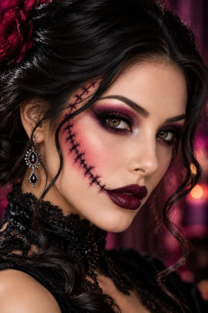 Stitched-cheek Halloween makeup featuring a fine black faux-stitch design, pale luminous skin, smoky charcoal eyes, burgundy and mauve shading, and modern gothic beauty styling.