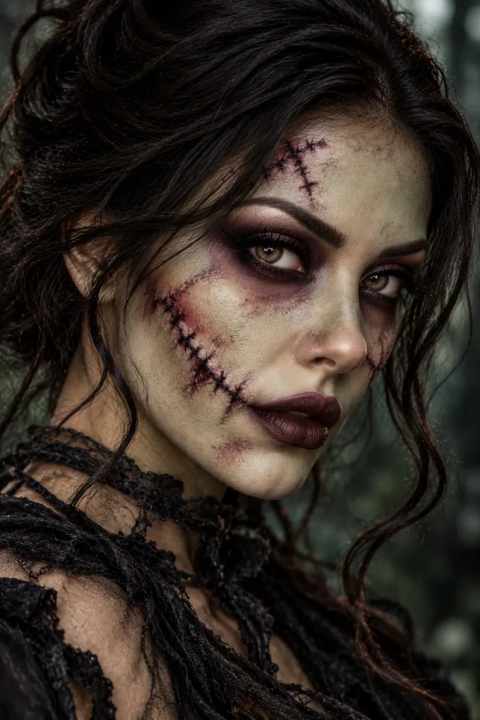 Stitched zombie Halloween makeup with muted gray-green skin tones, smoky dark eye sockets, distressed cosmetic shading, uneven black faux stitches, and realistic gothic horror-inspired details.