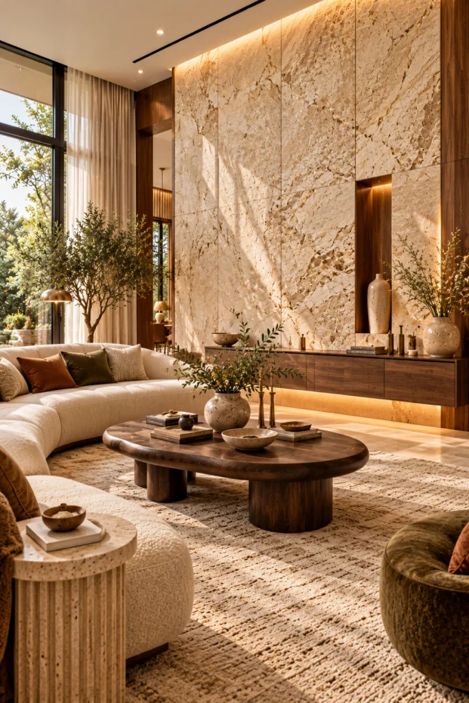 Luxury modern living room featuring a floor-to-ceiling creamy travertine stone accent wall, dramatic natural veining, sculptural furniture, warm brass lighting, and elegant contemporary decor.