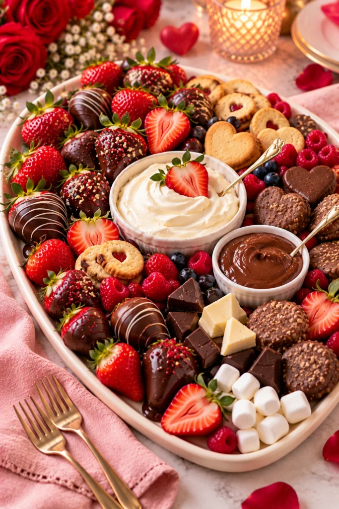 Strawberry and chocolate romantic charcuterie board ideas for date night with chocolate-dipped strawberries, fresh berries, creamy mascarpone, chocolate spread, biscuits, and marshmallows.