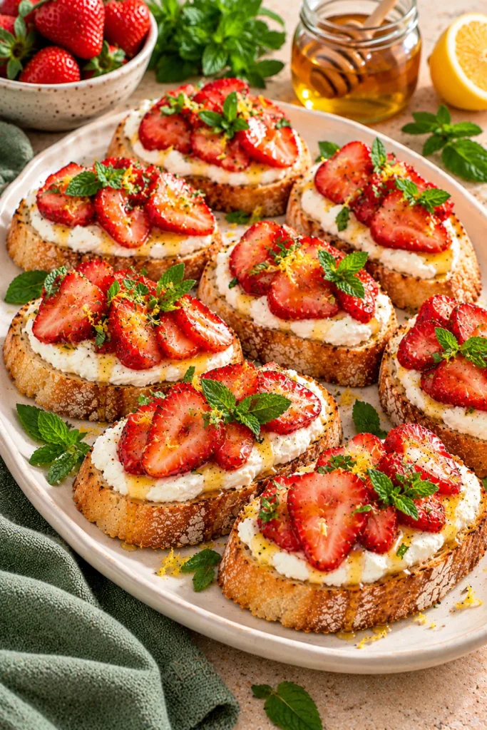 Strawberry mascarpone bruschetta with fresh sliced strawberries, creamy mascarpone, golden honey, lemon zest, mint leaves, and toasted bread for beautiful sweet Italian party appetizers.