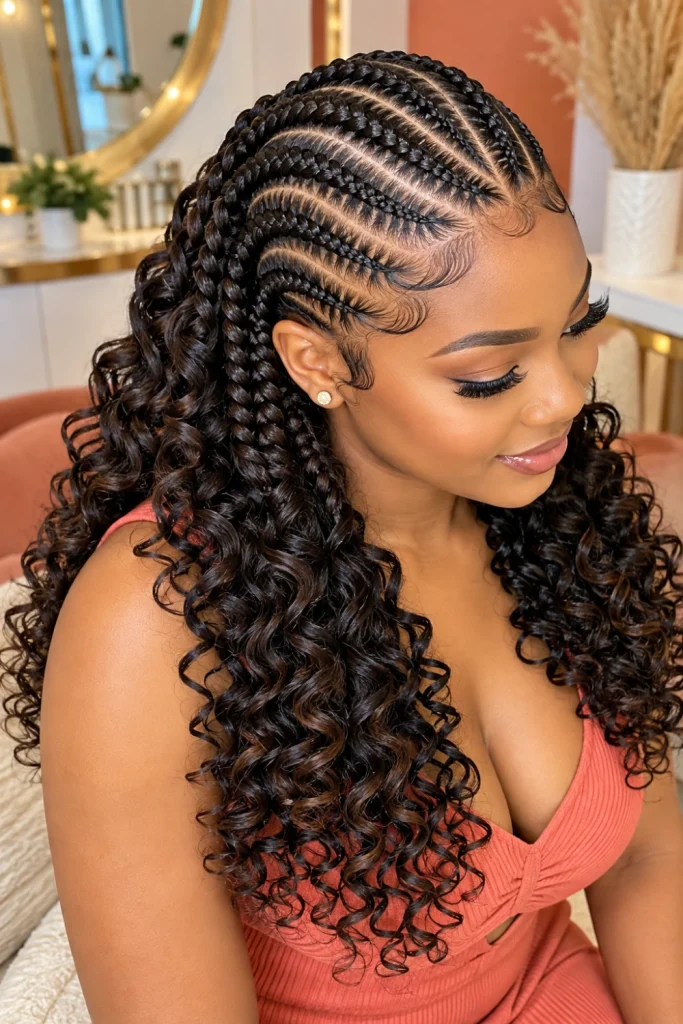A close-up portrait of a woman wearing neat classic cornrows flowing into soft, defined curly ends, with glossy dark hair, warm natural skin tones, a polished modern finish, and a vibrant contemporary beauty setting.