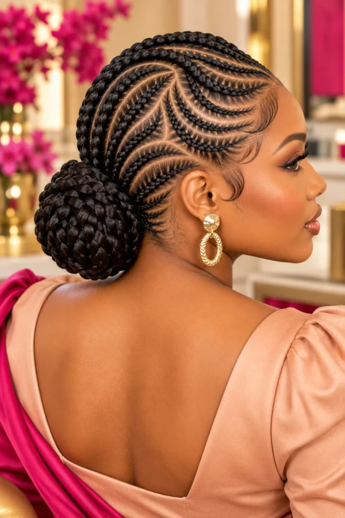 Curved cornrow crown with a rounded braided bun for Black women, featuring flowing scalp patterns, polished edges, dimensional texture, and elegant modern styling.