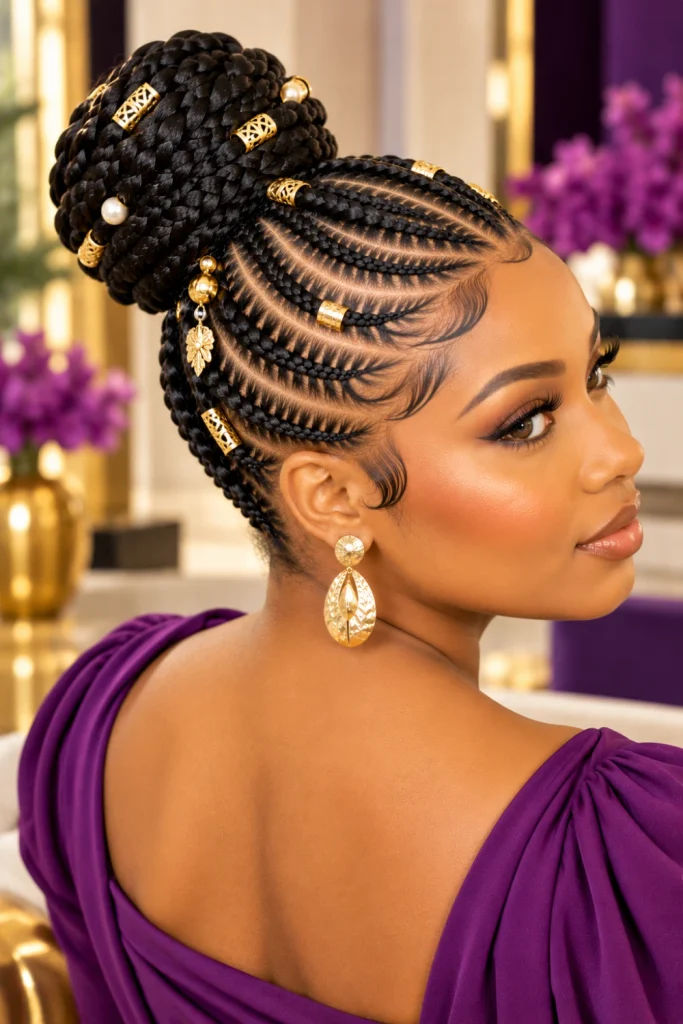 Cornrow braided bun with decorative gold cuffs and subtle beads for Black women, featuring polished braids, sculpted bun, and luxurious contemporary styling.