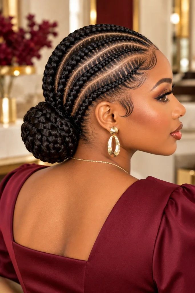 Elegant low cornrow braided bun hairstyle for Black women with curved scalp braids, smooth nape bun, refined edges, and sophisticated neutral fashion styling.