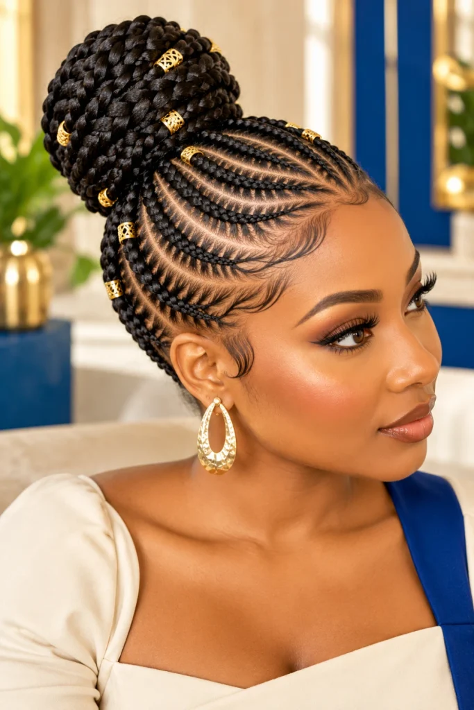 Feed-in cornrows with a sculpted braided bun for Black women, showing dimensional rows, smooth hairline, full rounded bun, and modern elegant styling.