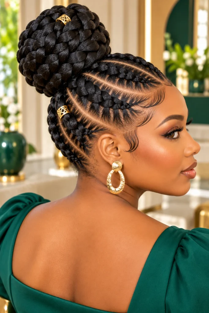 Jumbo cornrow braided bun hairstyle for Black women with thick sculpted braids, polished edges, a bold crown bun, and vibrant contemporary styling.