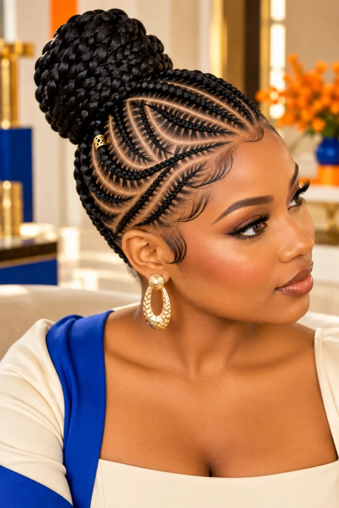 Side-pattern cornrows flowing into a polished braided bun for Black women with geometric braid direction, defined edges, and vibrant modern fashion styling.