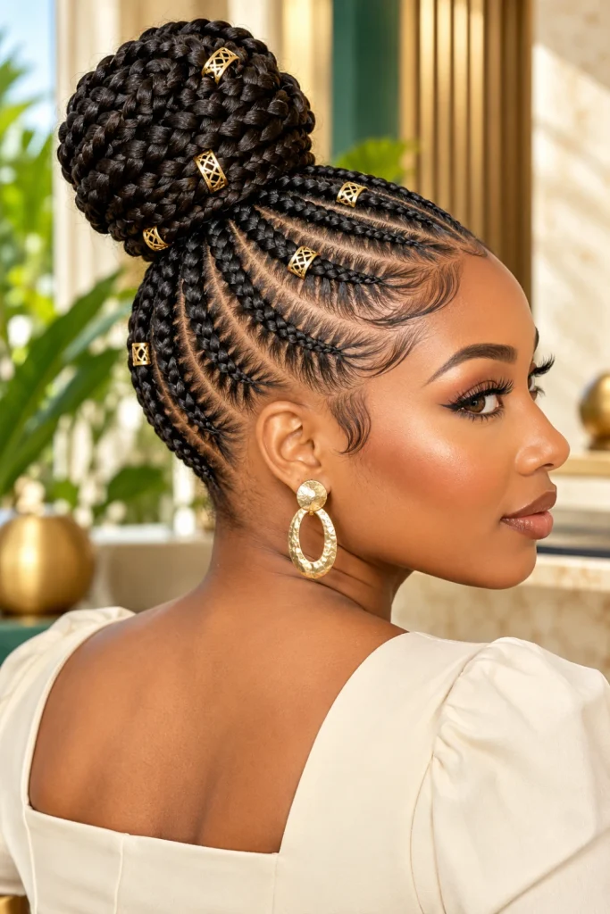 Sleek high cornrow braided bun hairstyle for Black women with precise scalp braids, polished edges, sculpted crown bun, and subtle gold accents.