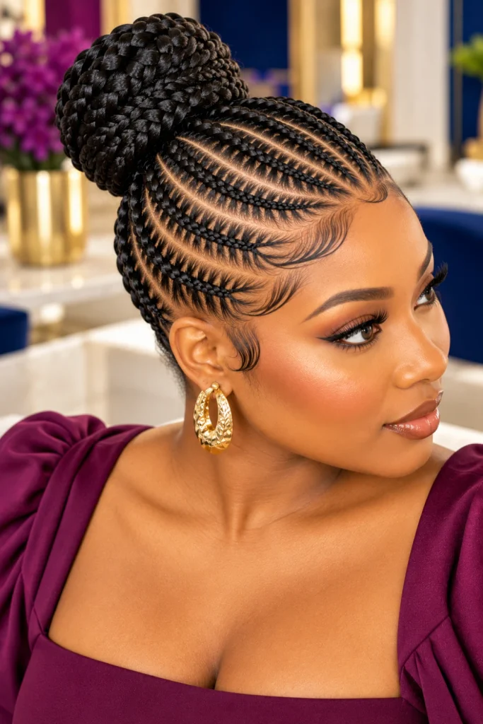 Stitch cornrow braided bun hairstyle for Black women with crisp graphic braid spacing, polished edges, dimensional bun texture, and contemporary editorial fashion.