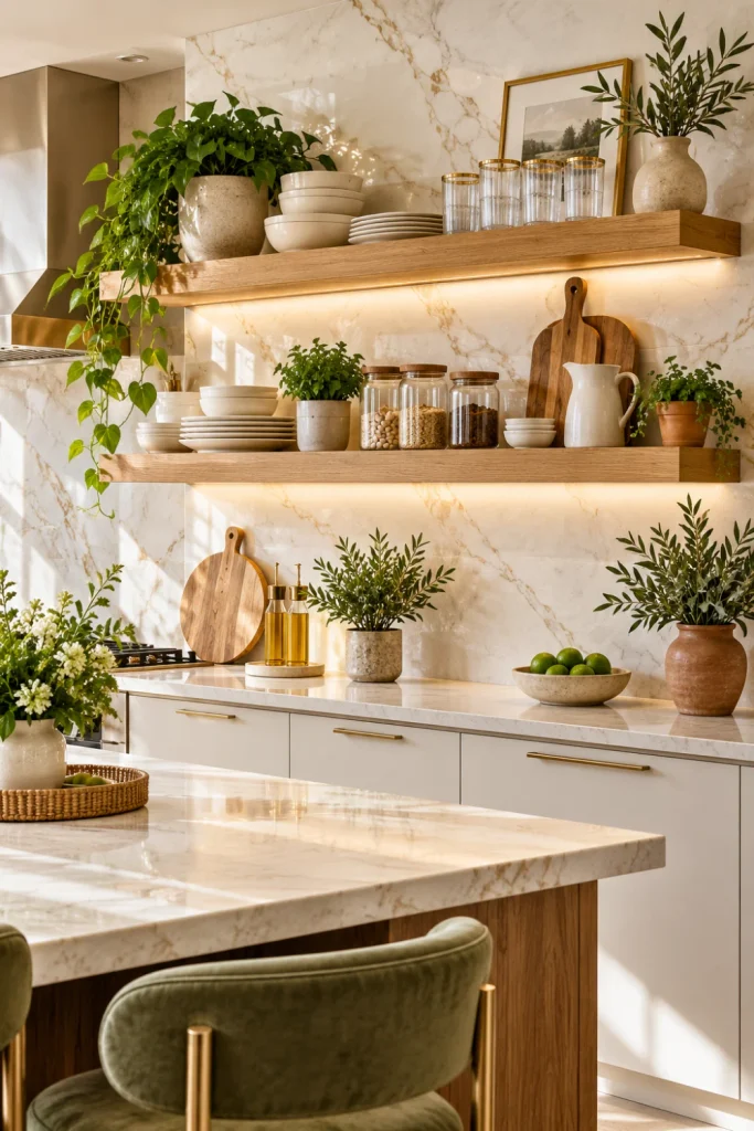 Stylish floating kitchen shelf ideas for storage with warm oak shelves, elegant ceramic dishes, brass accents, and contemporary luxury kitchen decor.