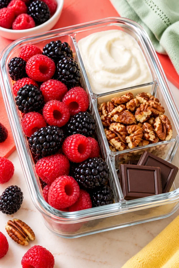 Sweet keto snack box with raspberries, blackberries, unsweetened Greek yogurt, chopped pecans, and low-sugar dark chocolate for low-carb meal prep.